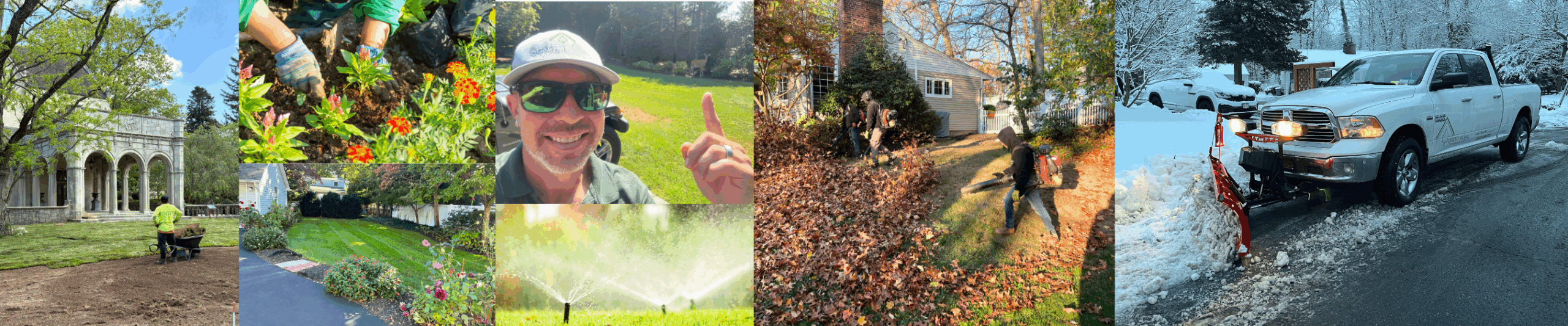 Photos from winter fall spring and summer; leaves being blown, snow plow, irrigation, john marcinka with a deer, sodding installation
